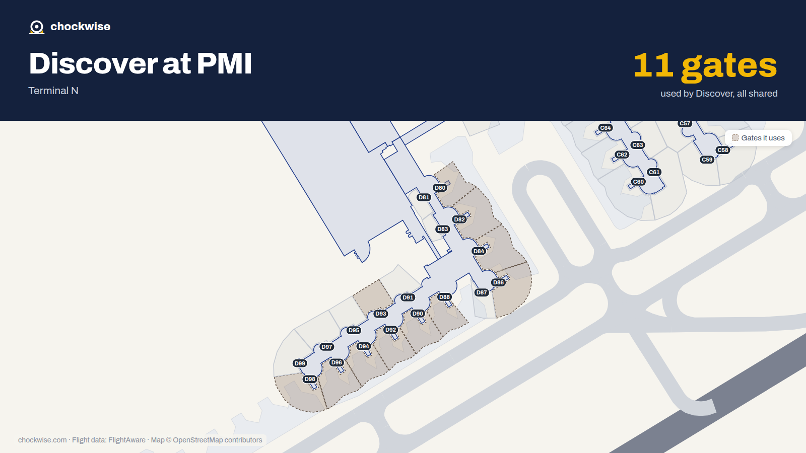 Map of PMI with the gates Discover Airlines uses highlighted: D80, D82, D84, D86, D88, D90, D92, D93 and 3 more.