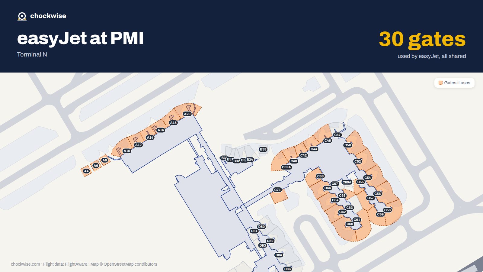 Map of PMI with the gates easyJet uses highlighted: A4, A6, A8, A10, A12, A14, A16, A18 and 22 more.