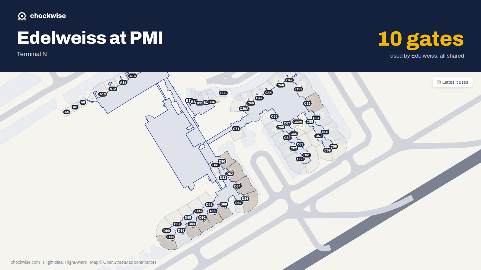 Map of PMI with the gates Edelweiss Air uses highlighted: C52, D80, D82, D84, D86, D88, D90, D92 and 2 more.