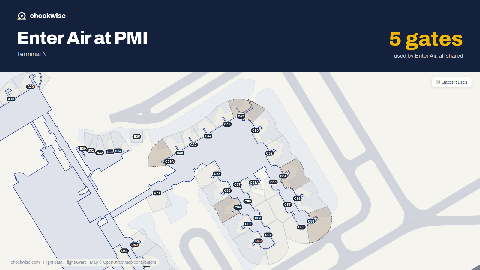 Map of PMI with the gates Enter Air uses highlighted: C39A, C47, C54, C58 and C64.