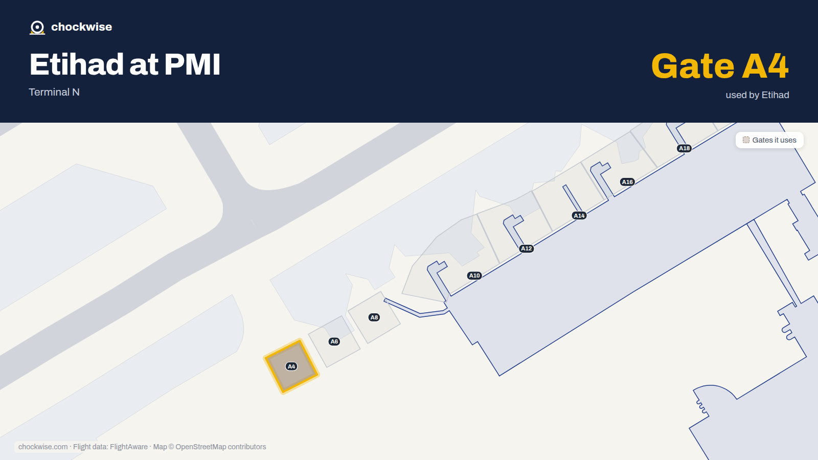 Map of PMI with the gates Etihad Airways uses highlighted: A4.