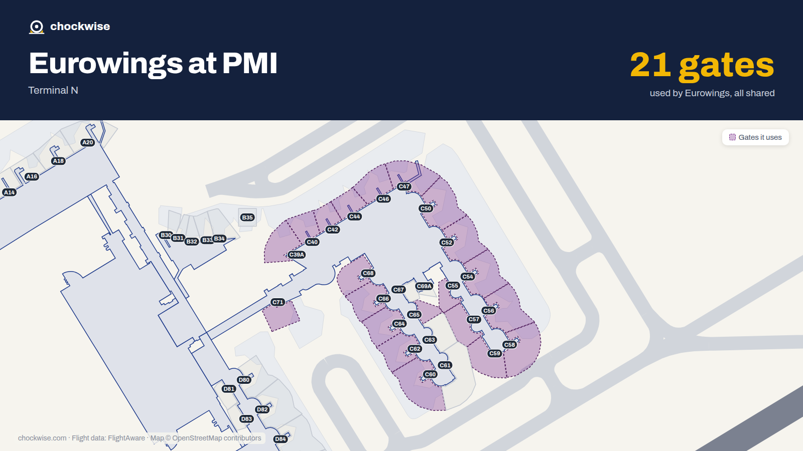 Map of PMI with the gates Eurowings uses highlighted: C39A, C40, C42, C44, C46, C47, C50, C52 and 13 more.