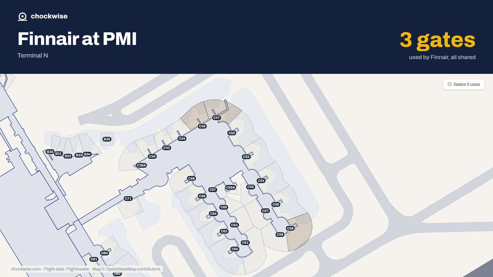 Map of PMI with the gates Finnair uses highlighted: C46, C47 and C58.
