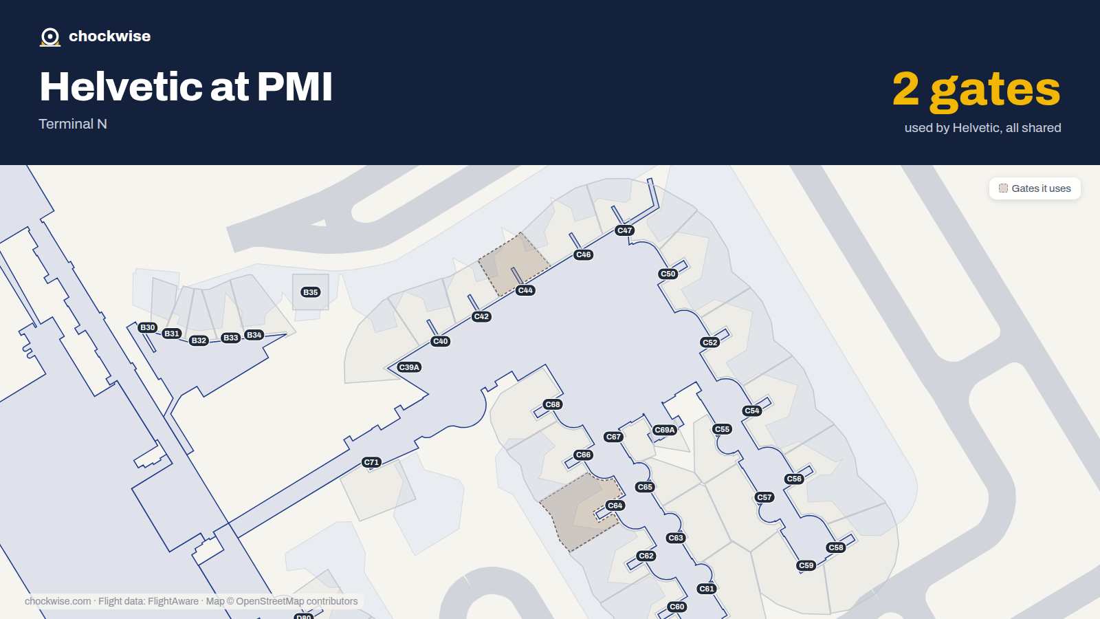 Map of PMI with the gates Helvetic Airways uses highlighted: C44 and C64.