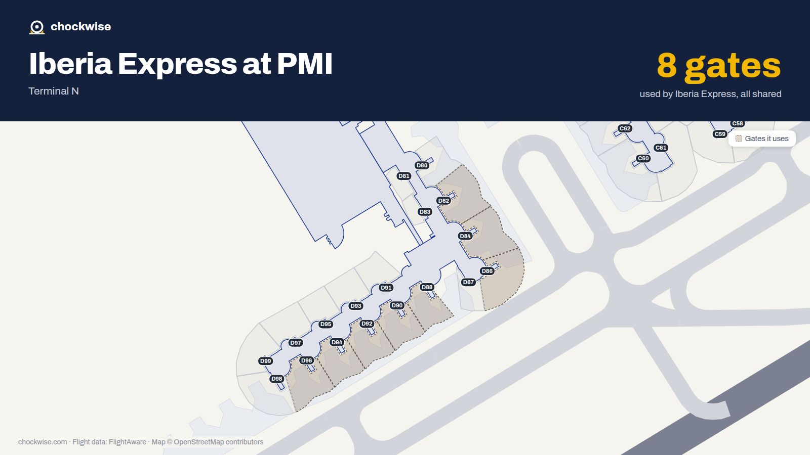 Map of PMI with the gates Iberia Express uses highlighted: D82, D84, D86, D88, D90, D92, D94 and D96.