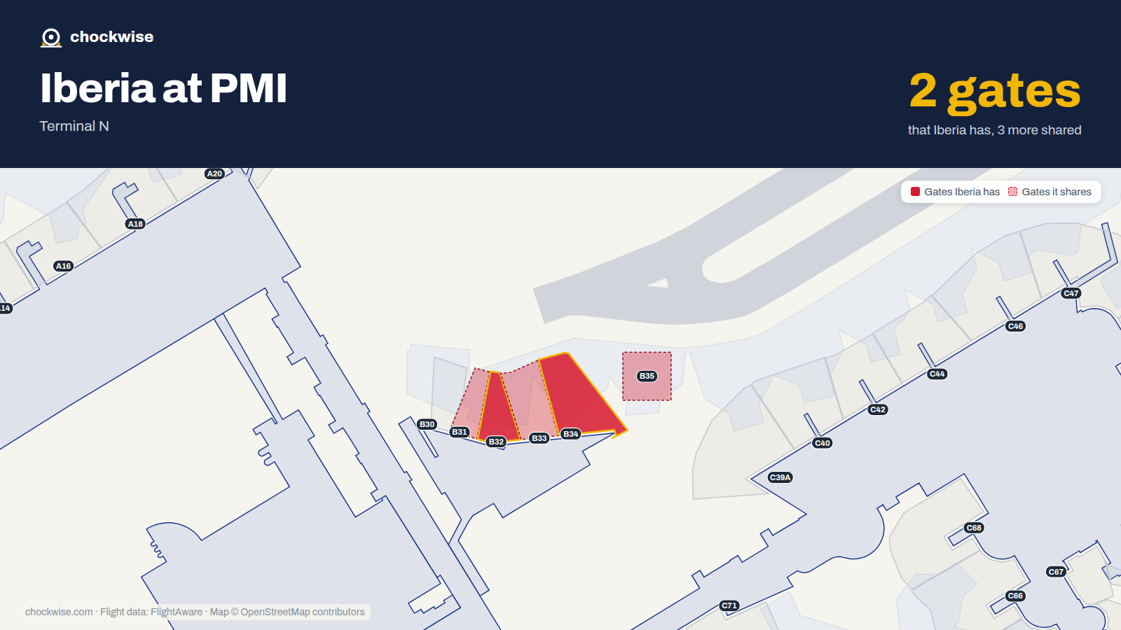 Map of PMI with the gates Iberia uses highlighted: B32 and B34.