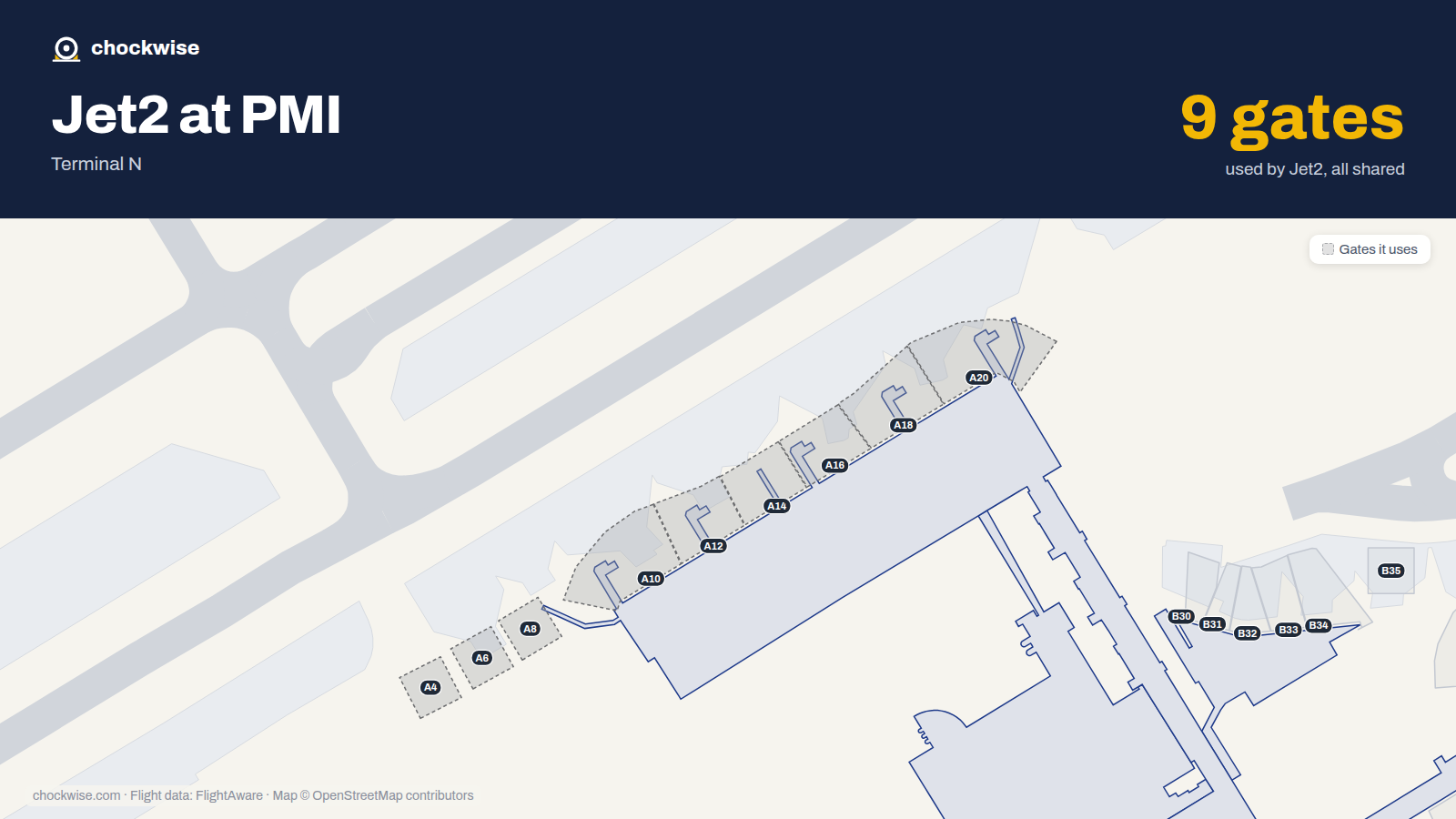 Map of PMI with the gates Jet2.com uses highlighted: A4, A6, A8, A10, A12, A14, A16, A18 and 1 more.