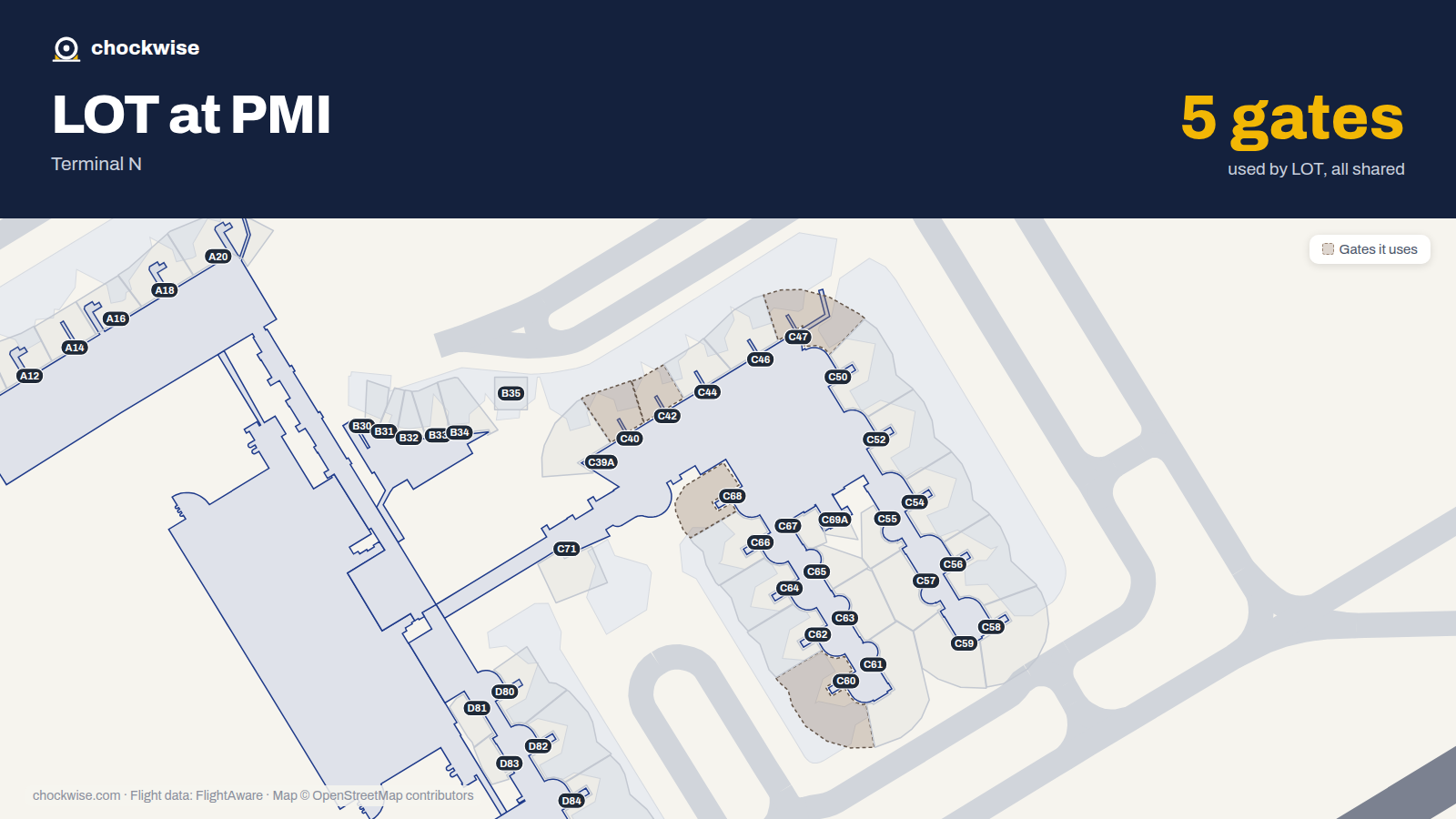 Map of PMI with the gates LOT Polish Airlines uses highlighted: C40, C42, C47, C60 and C68.