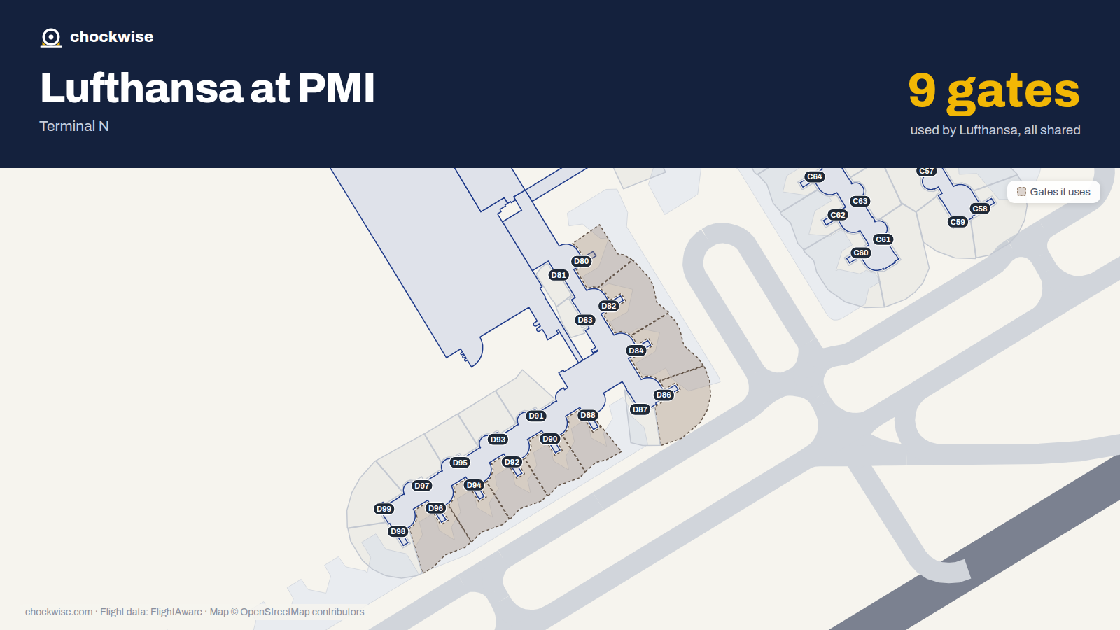 Map of PMI with the gates Lufthansa uses highlighted: D80, D82, D84, D86, D88, D90, D92, D94 and 1 more.