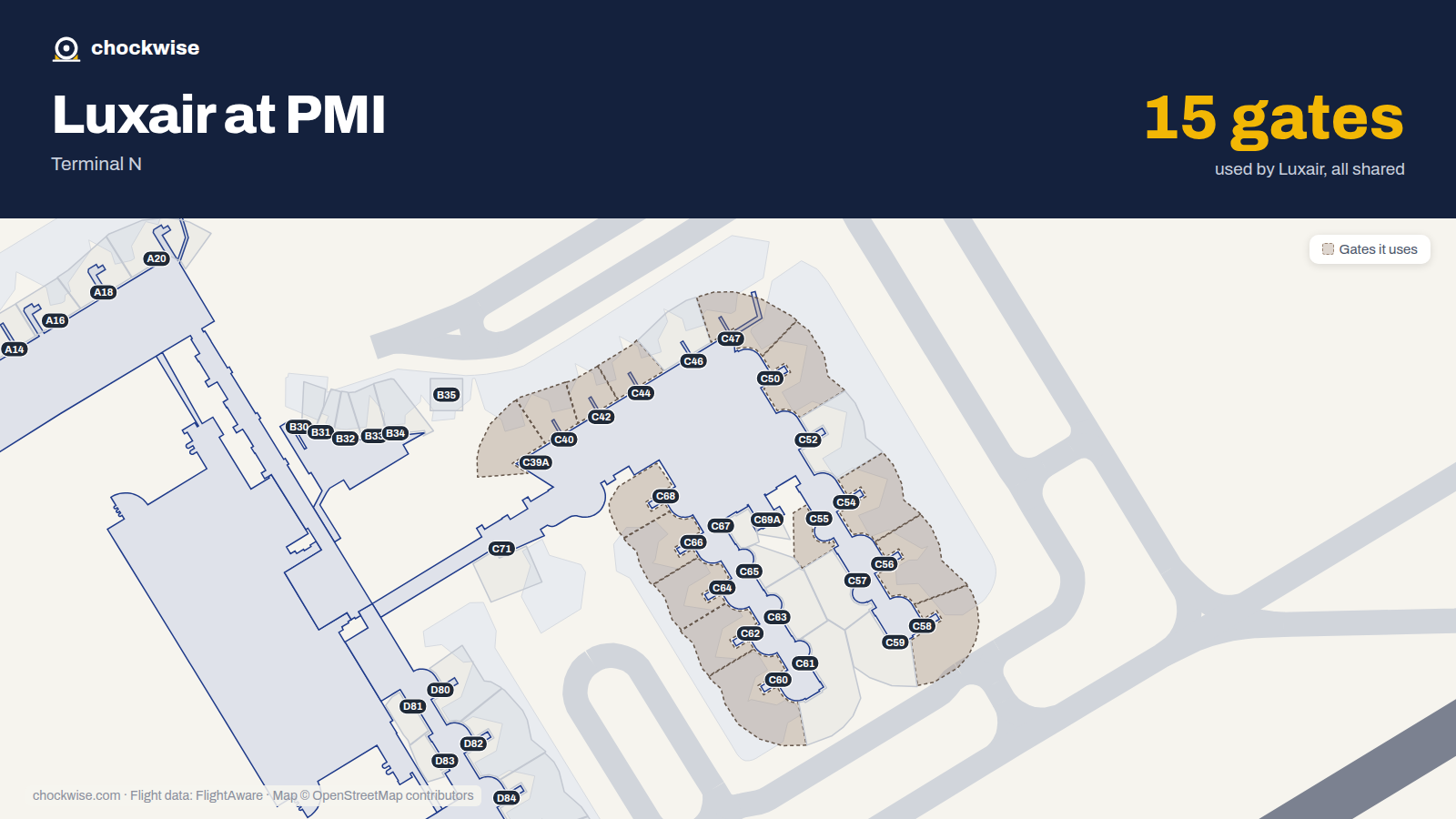Map of PMI with the gates Luxair uses highlighted: C39A, C40, C42, C44, C47, C50, C54, C55 and 7 more.