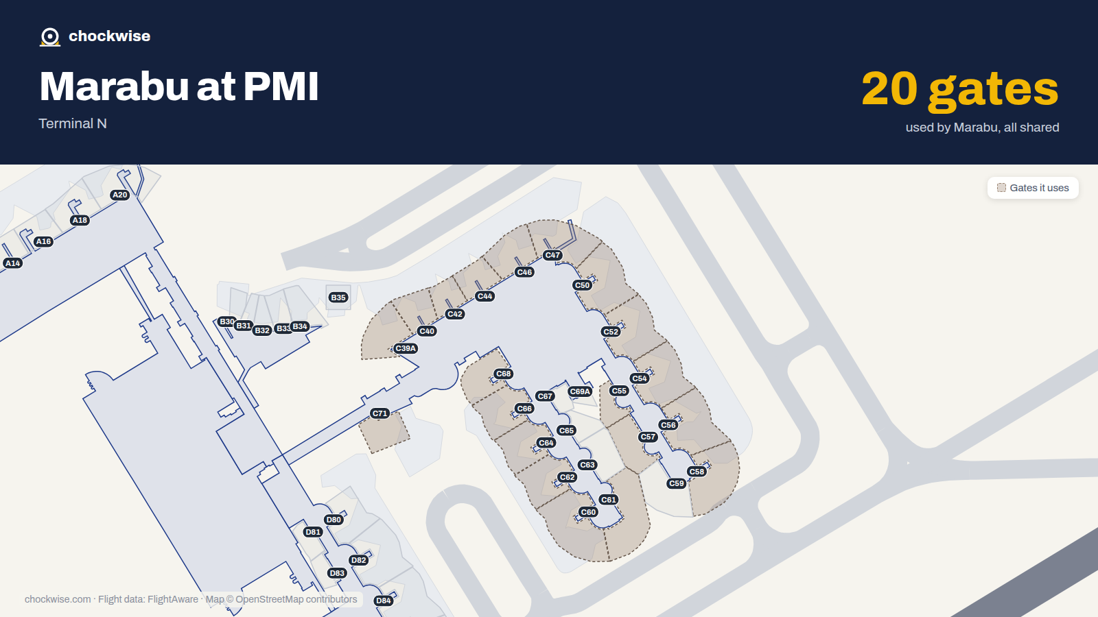 Map of PMI with the gates Marabu uses highlighted: C39A, C40, C42, C44, C46, C47, C50, C52 and 12 more.
