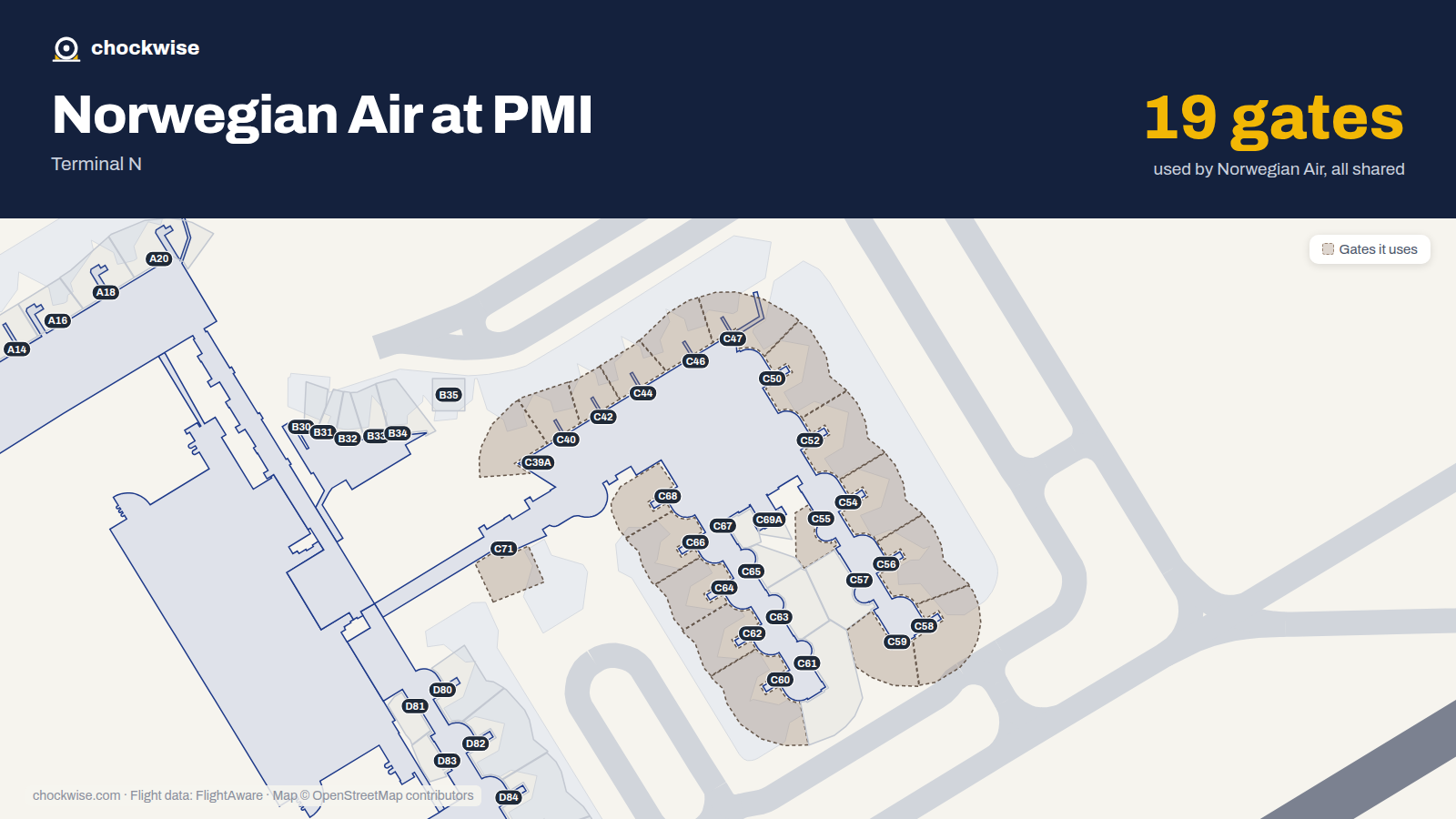 Map of PMI with the gates Norwegian Air Shuttle uses highlighted: C39A, C40, C42, C44, C46, C47, C50, C52 and 11 more.