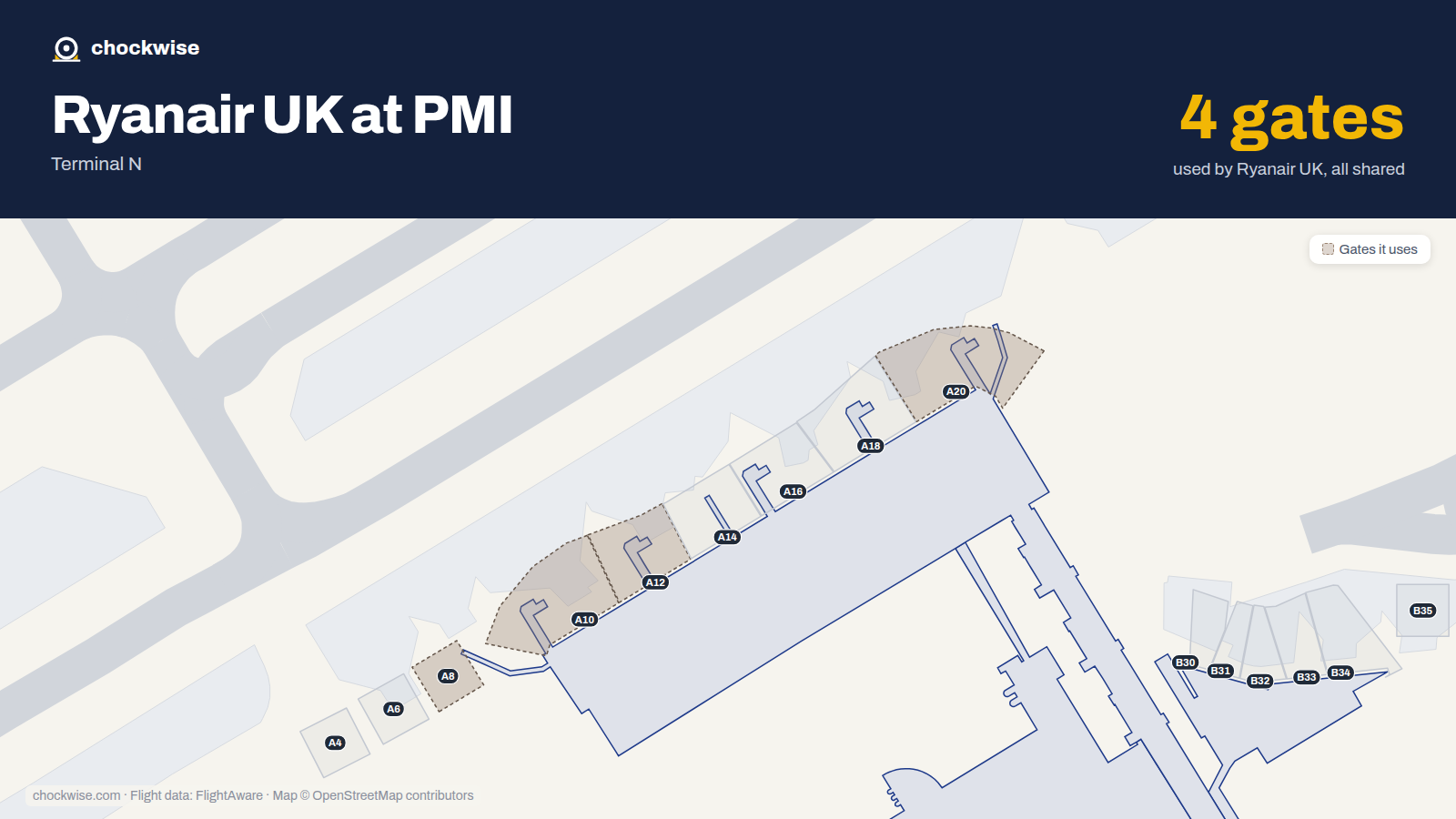 Map of PMI with the gates Ryanair UK uses highlighted: A8, A10, A12 and A20.