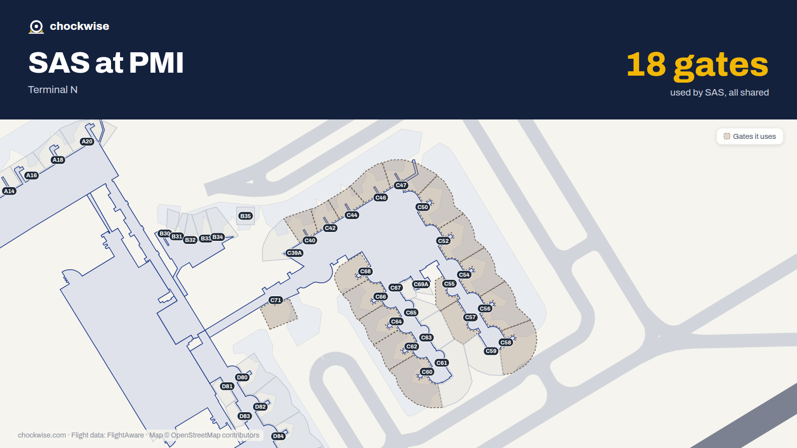 Map of PMI with the gates SAS Scandinavian Airlines uses highlighted: C40, C42, C44, C46, C47, C50, C52, C54 and 10 more.