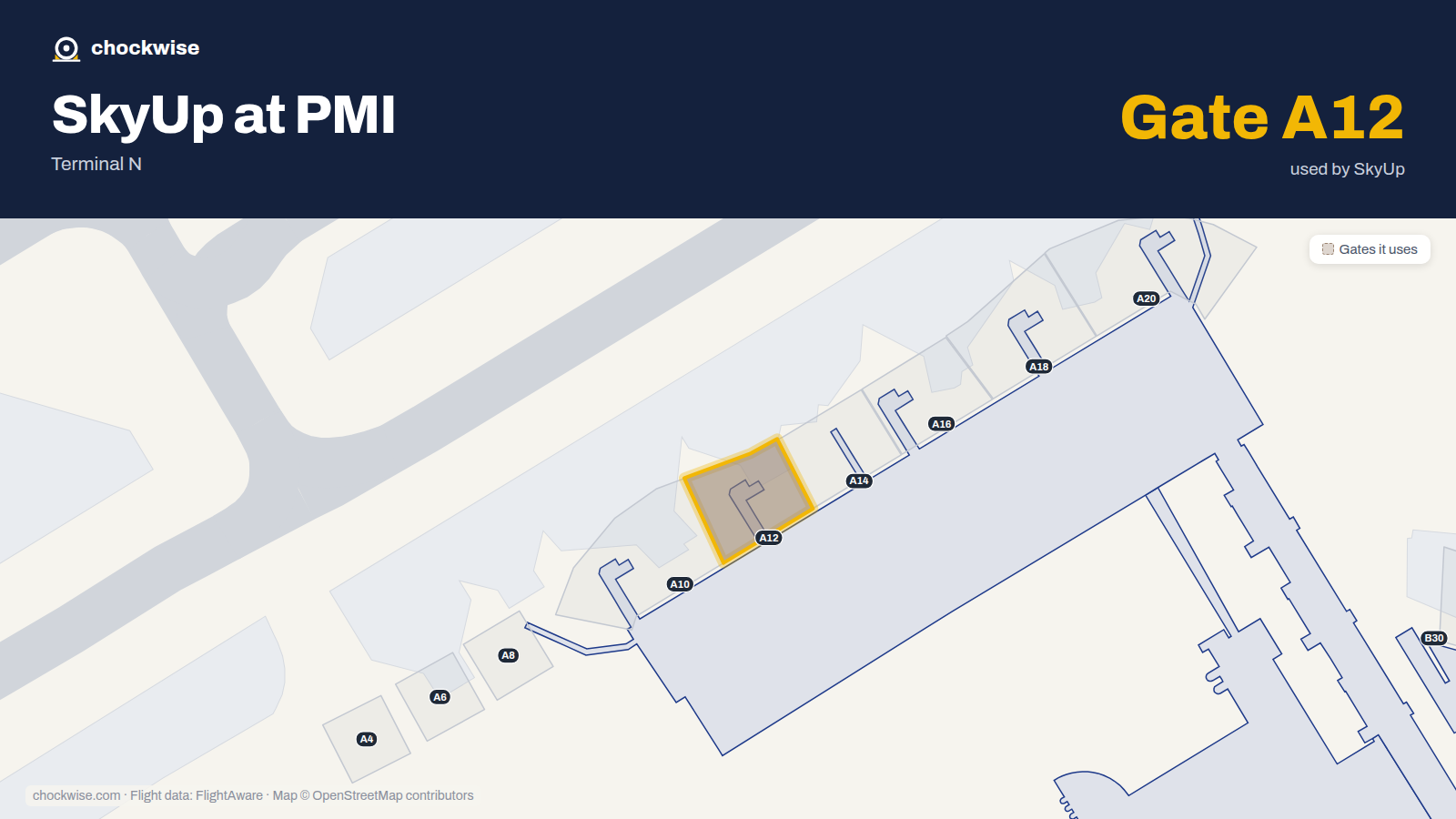 Map of PMI with the gates SkyUp uses highlighted: A12.