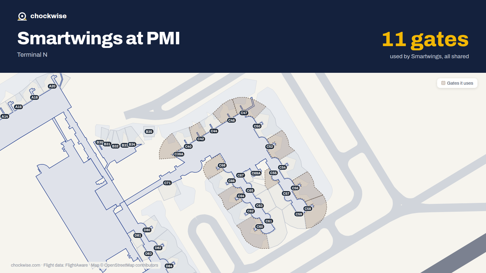 Map of PMI with the gates Smartwings uses highlighted: C39A, C42, C46, C47, C52, C55, C56, C58 and 3 more.