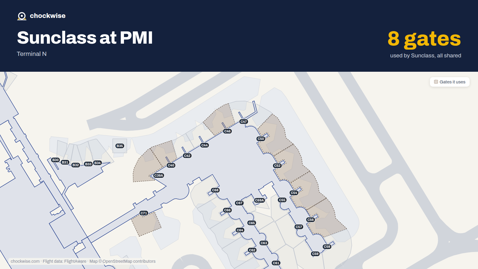 Map of PMI with the gates Sunclass Airlines uses highlighted: C39A, C40, C46, C50, C52, C54, C56 and C71.