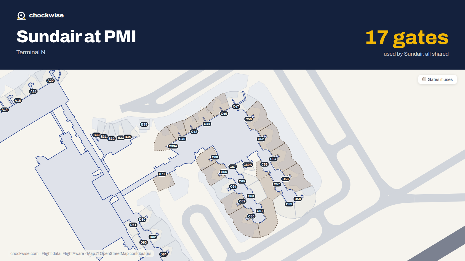 Map of PMI with the gates Sundair uses highlighted: C39A, C40, C42, C44, C46, C50, C52, C54 and 9 more.