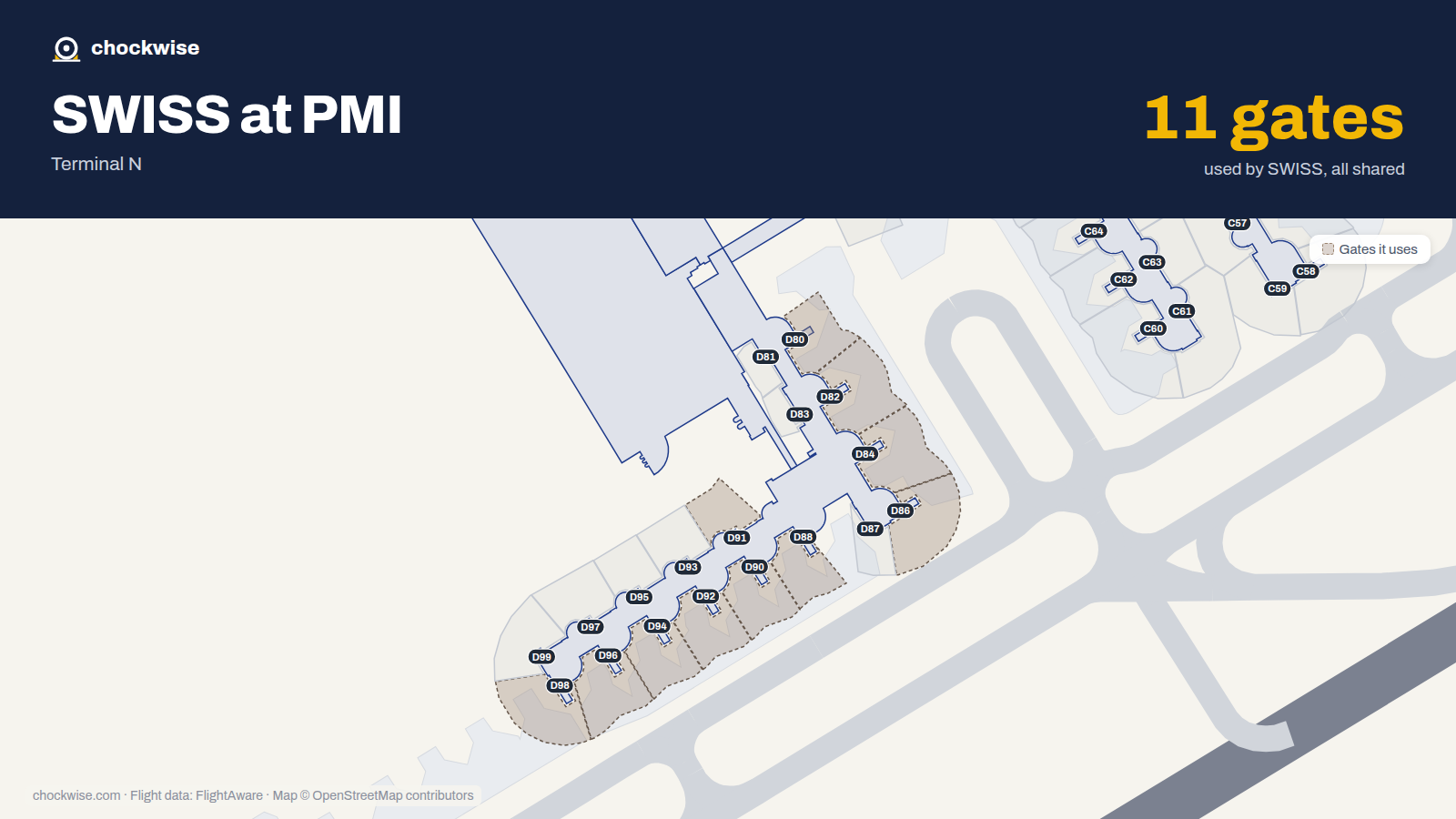 Map of PMI with the gates SWISS uses highlighted: D80, D82, D84, D86, D88, D90, D91, D92 and 3 more.