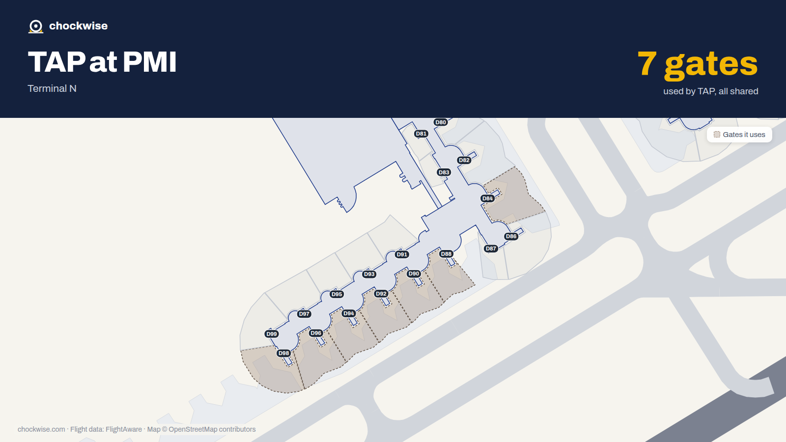 Map of PMI with the gates TAP Air Portugal uses highlighted: D84, D88, D90, D92, D94, D96 and D98.