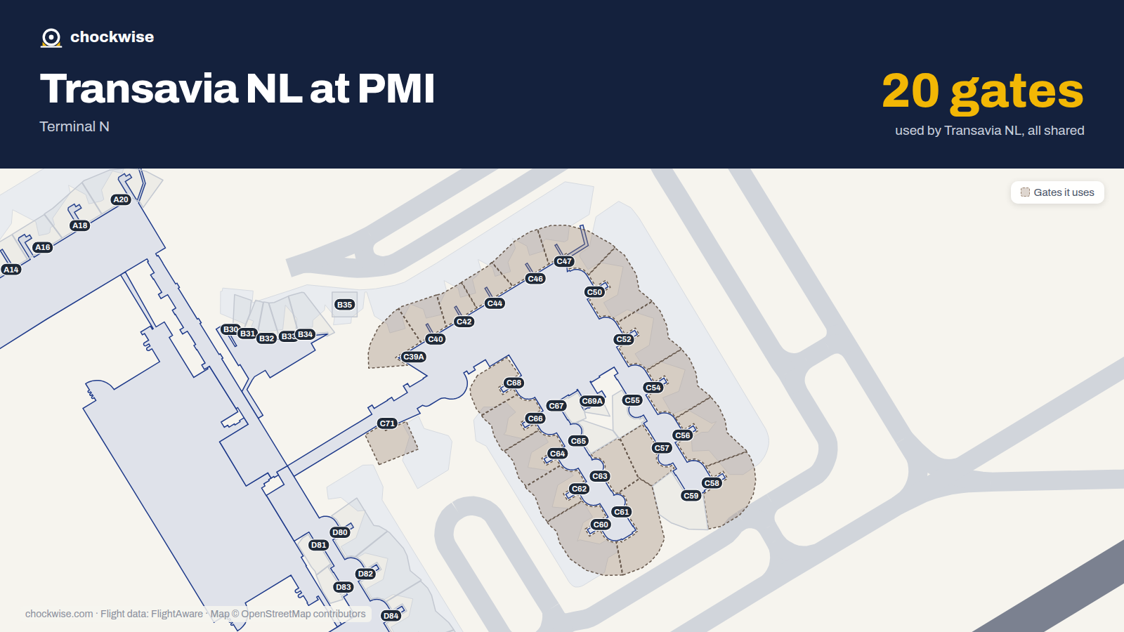 Map of PMI with the gates Transavia uses highlighted: C39A, C40, C42, C44, C46, C47, C50, C52 and 12 more.