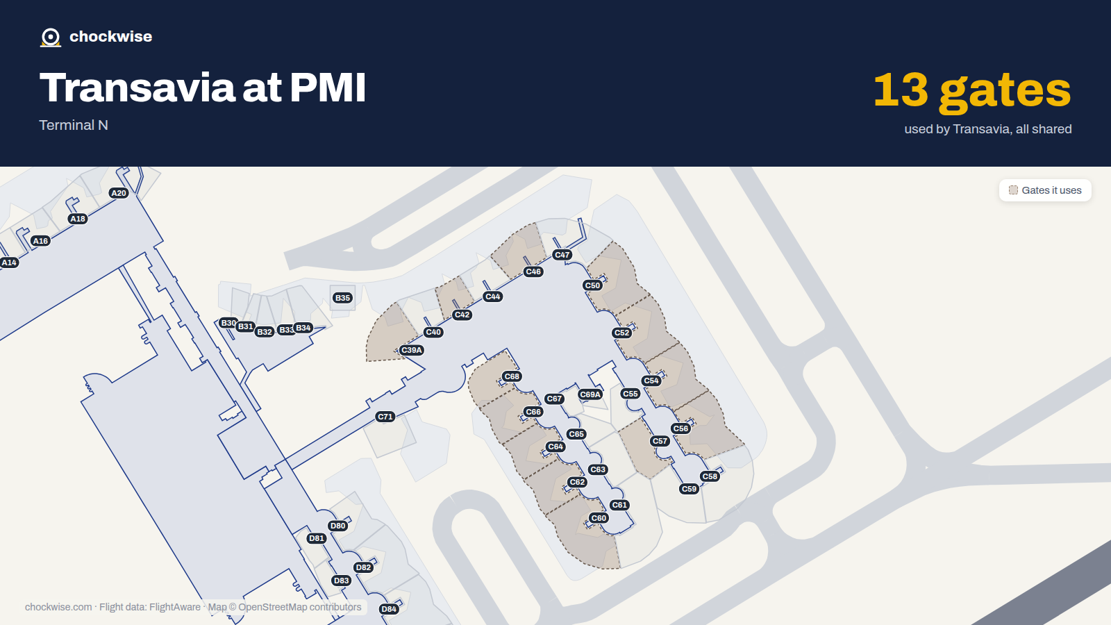 Map of PMI with the gates Transavia France uses highlighted: C39A, C42, C46, C50, C52, C54, C56, C57 and 5 more.