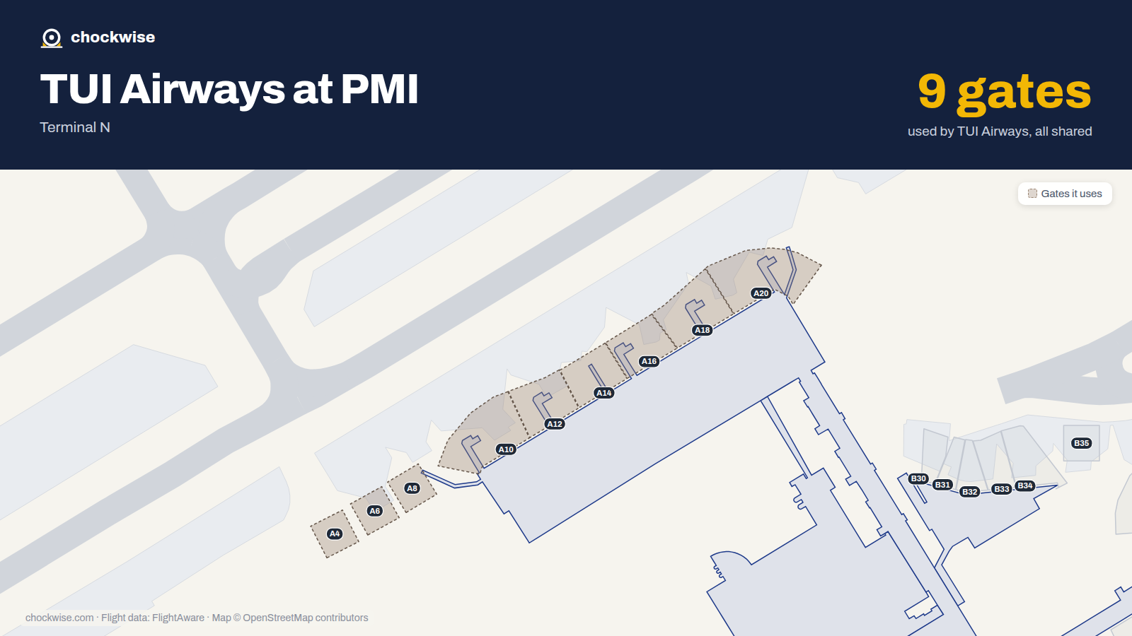 Map of PMI with the gates TUI Airways uses highlighted: A4, A6, A8, A10, A12, A14, A16, A18 and 1 more.