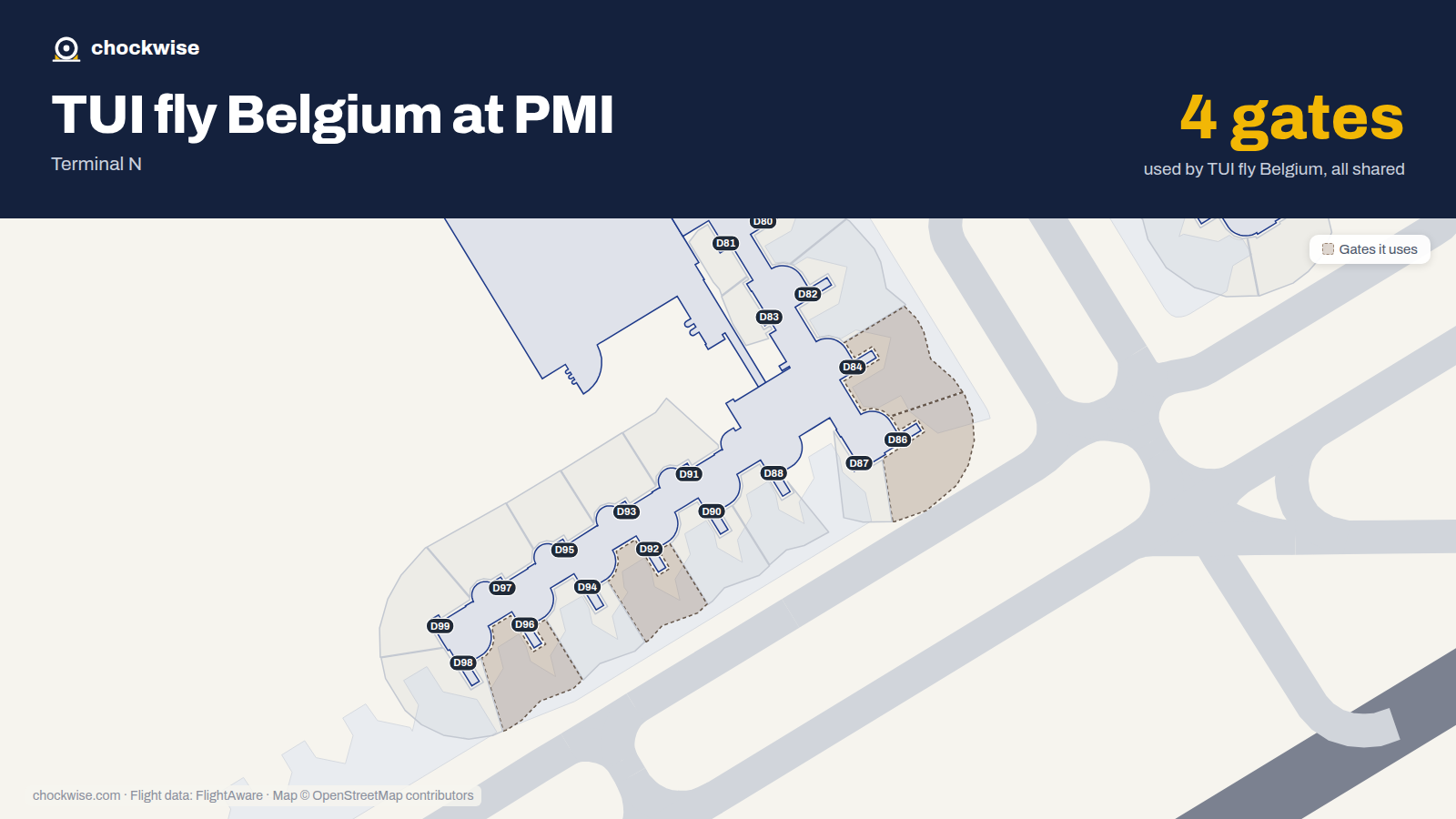 Map of PMI with the gates TUI fly Belgium uses highlighted: D84, D86, D92 and D96.