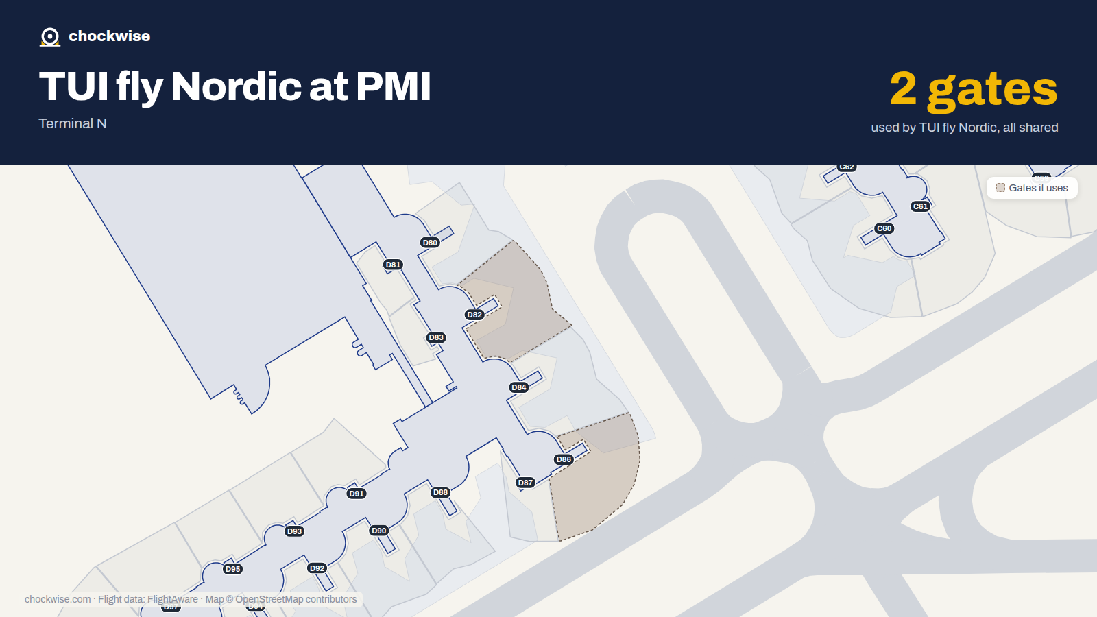 Map of PMI with the gates TUI fly Nordic uses highlighted: D82 and D86.