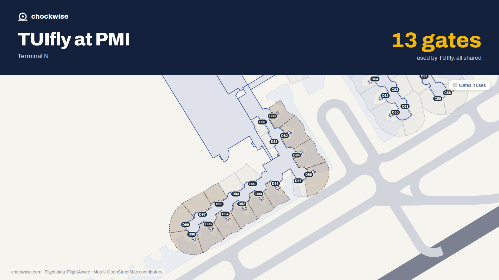 Map of PMI with the gates TUIfly uses highlighted: D80, D82, D84, D86, D88, D90, D92, D94 and 5 more.