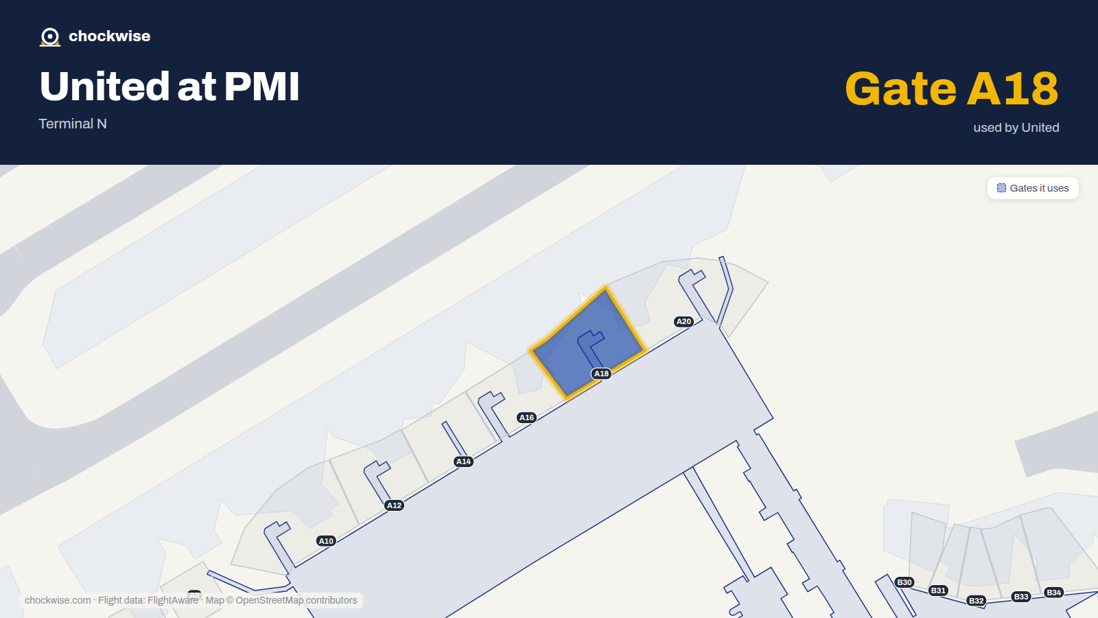 Map of PMI with the gates United Airlines uses highlighted: A18.
