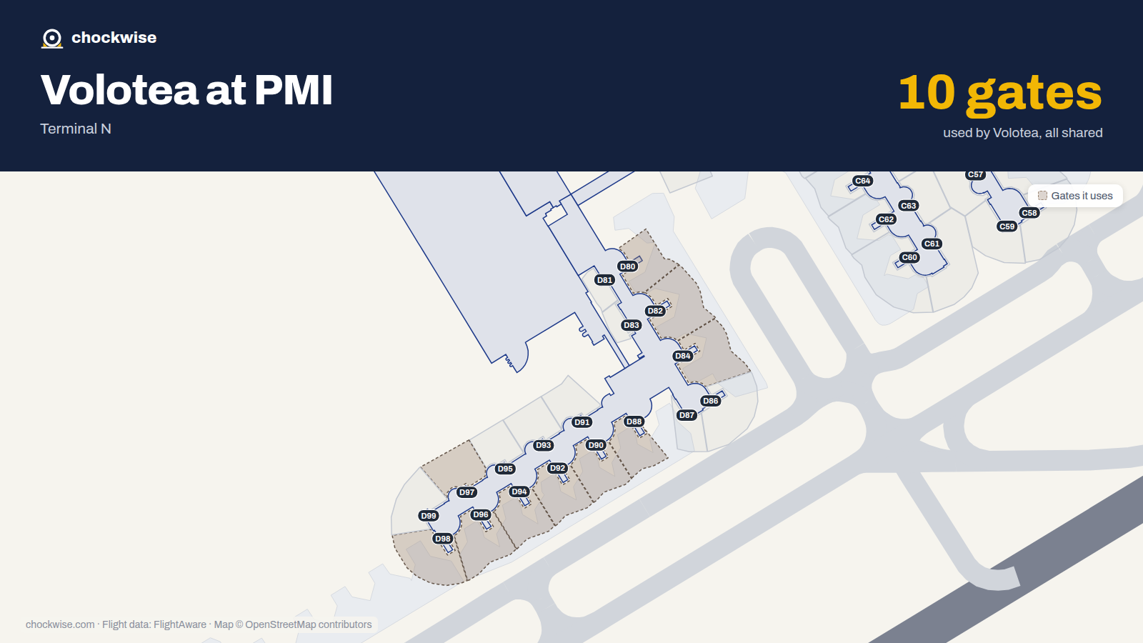 Map of PMI with the gates Volotea uses highlighted: D80, D82, D84, D88, D90, D92, D94, D96 and 2 more.