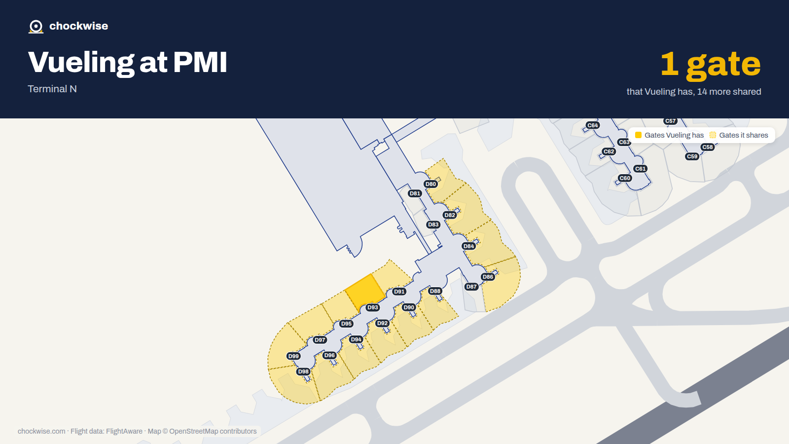 Map of PMI with the gates Vueling uses highlighted: D93.