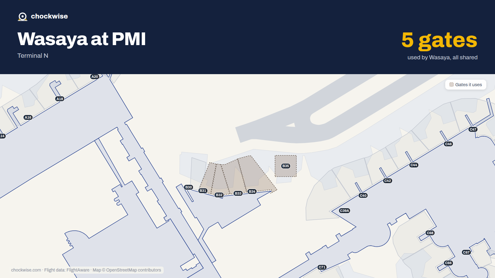 Map of PMI with the gates Wasaya Airways uses highlighted: B31, B32, B33, B34 and B35.