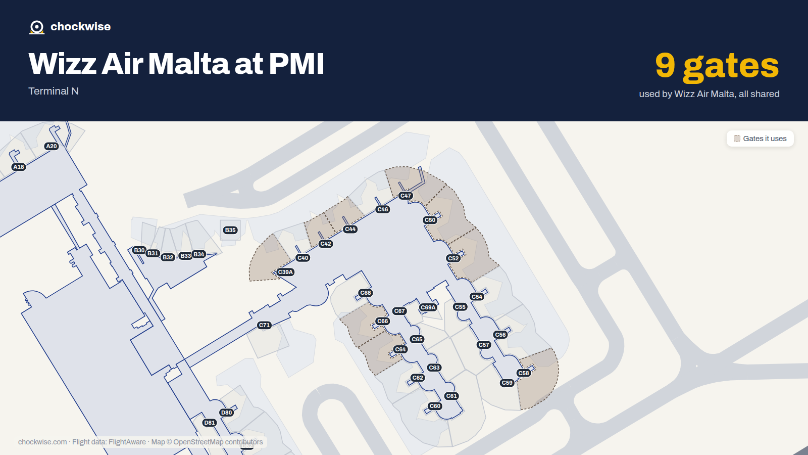 Map of PMI with the gates Wizz Air Malta uses highlighted: C39A, C42, C44, C47, C50, C52, C58, C64 and 1 more.