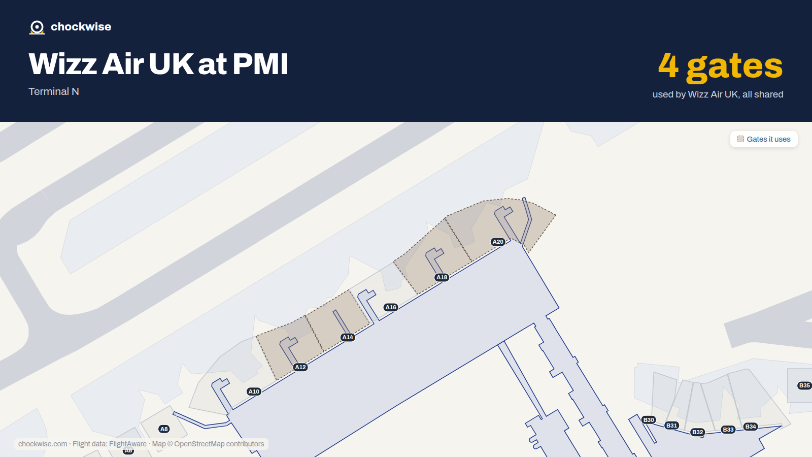 Map of PMI with the gates Wizz Air UK uses highlighted: A12, A14, A18 and A20.