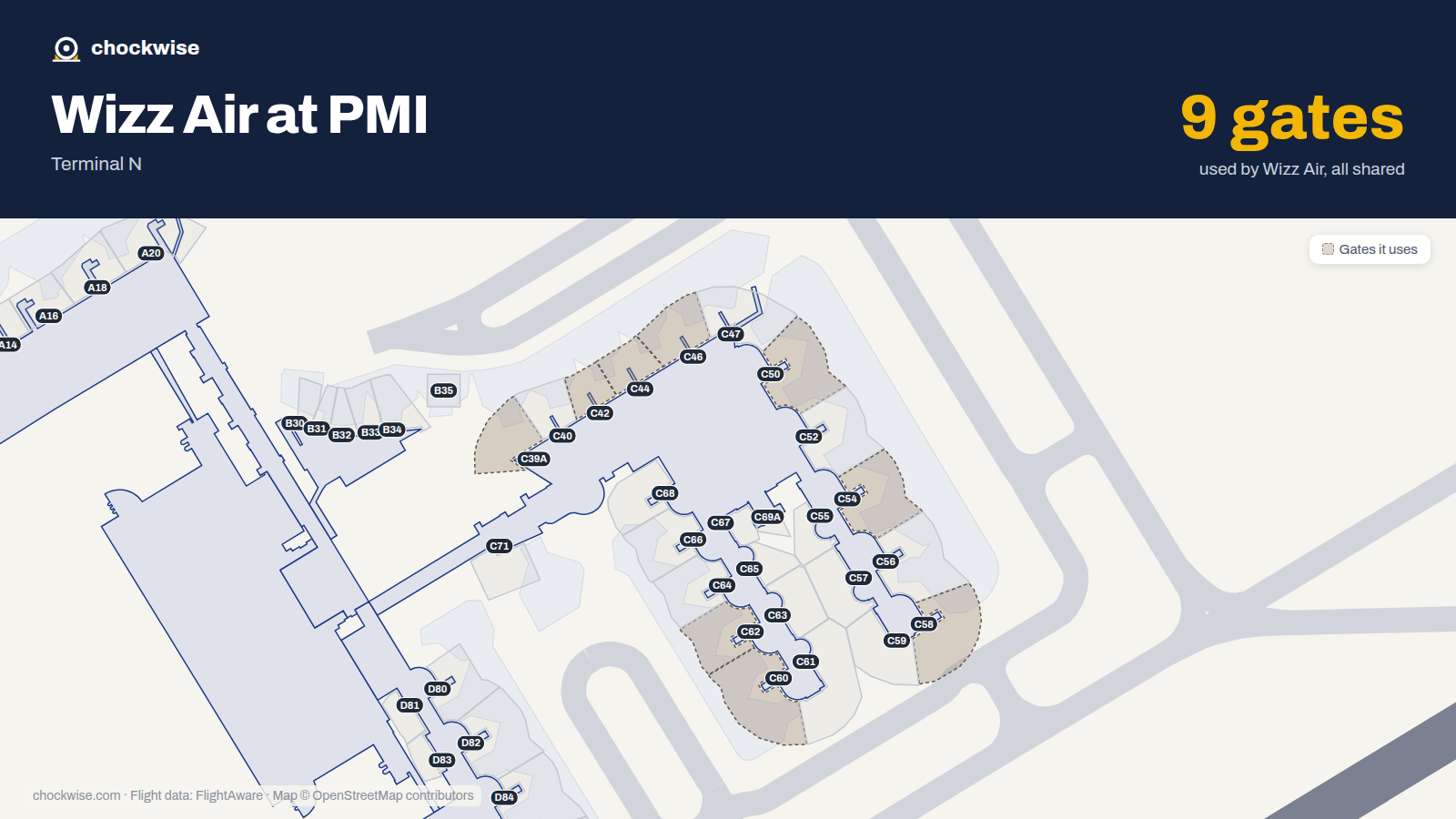 Map of PMI with the gates Wizz Air uses highlighted: C39A, C42, C44, C46, C50, C54, C58, C60 and 1 more.