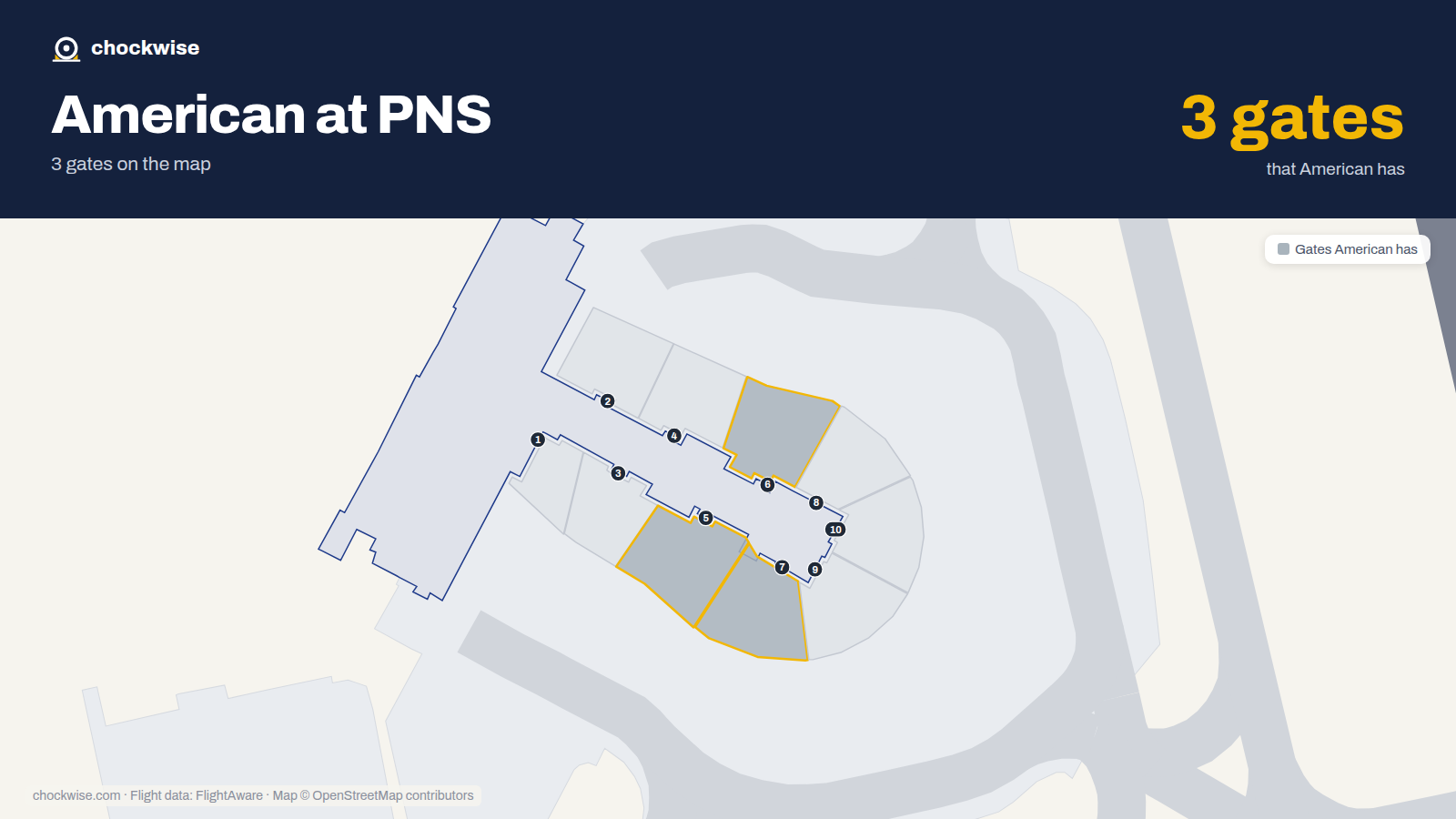 Map of PNS with the gates American Airlines uses highlighted: 5, 6 and 7.