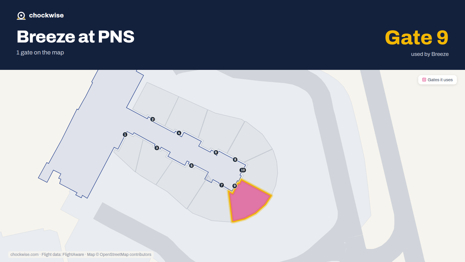 Map of PNS with the gates Breeze Airways uses highlighted: 9.