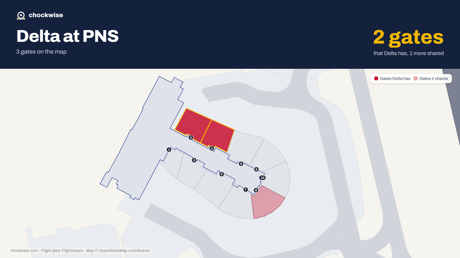 Map of PNS with the gates Delta Air Lines uses highlighted: 2 and 4.