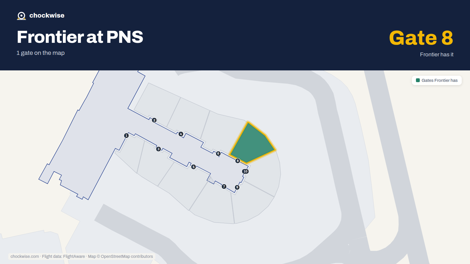 Map of PNS with the gates Frontier Airlines uses highlighted: 8.