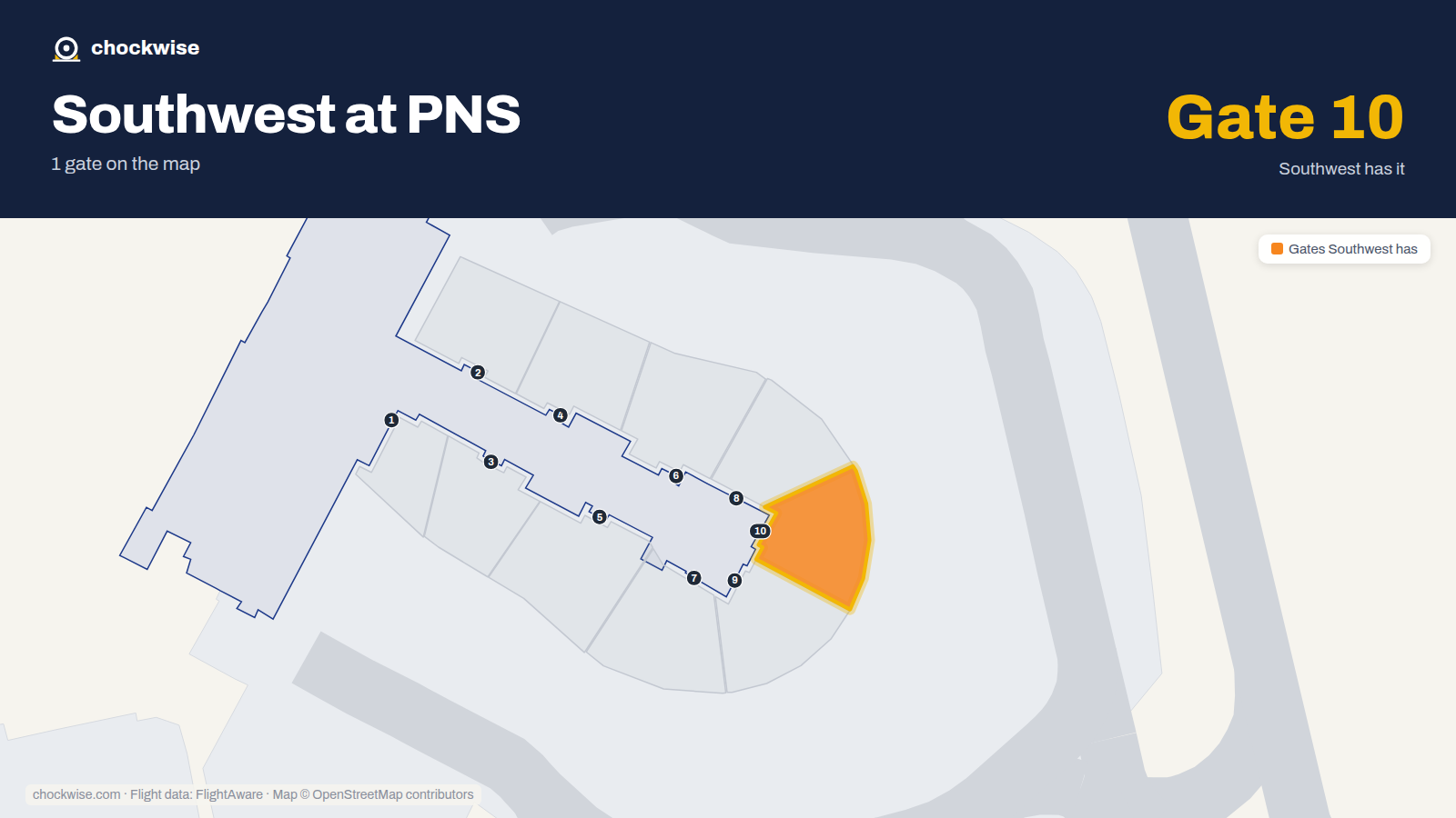 Map of PNS with the gates Southwest Airlines uses highlighted: 10.