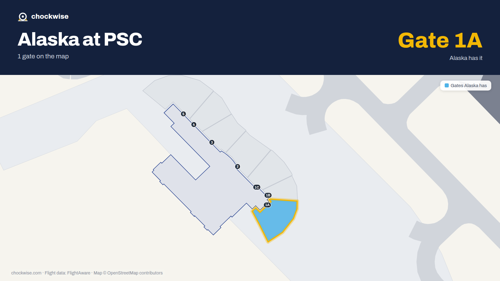Map of PSC with the gates Alaska Airlines uses highlighted: 1A.