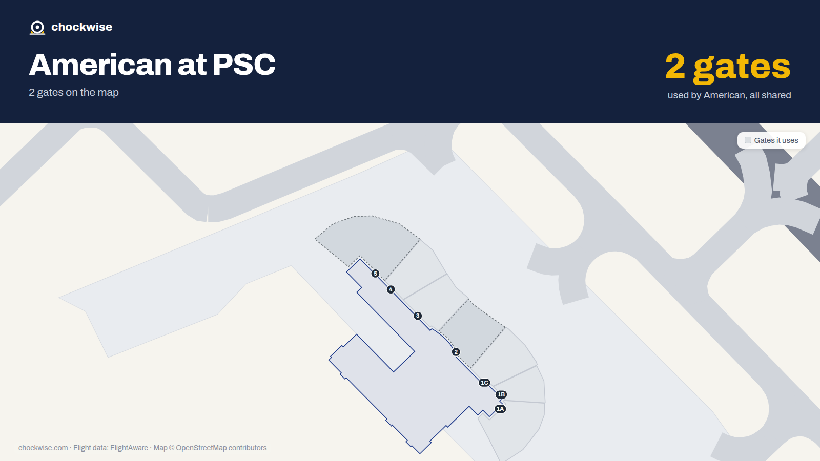 Map of PSC with the gates American Airlines uses highlighted: 2 and 5.