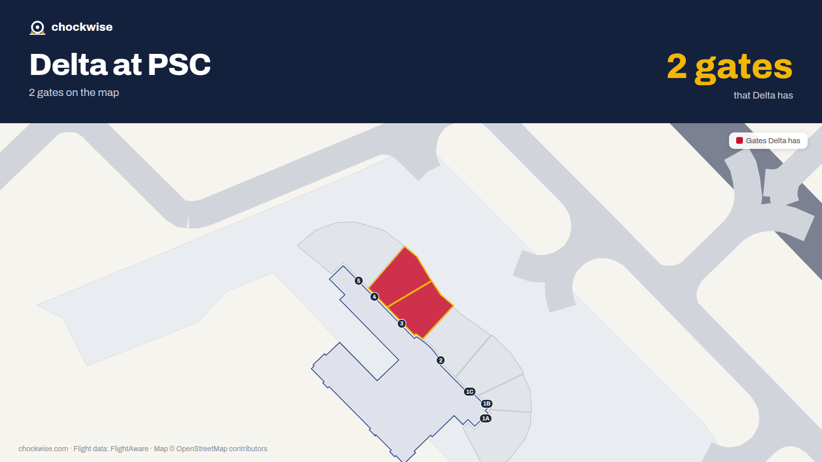 Map of PSC with the gates Delta Air Lines uses highlighted: 3 and 4.
