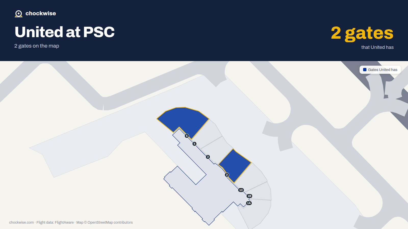 Map of PSC with the gates United Airlines uses highlighted: 2 and 5.