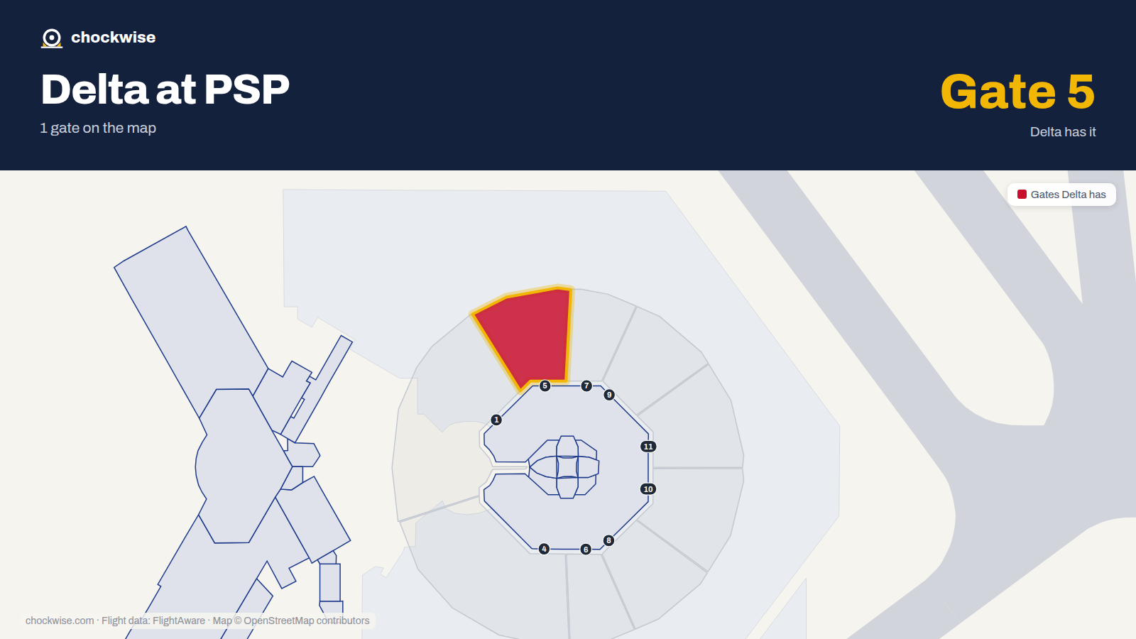 Map of PSP with the gates Delta Air Lines uses highlighted: 5.