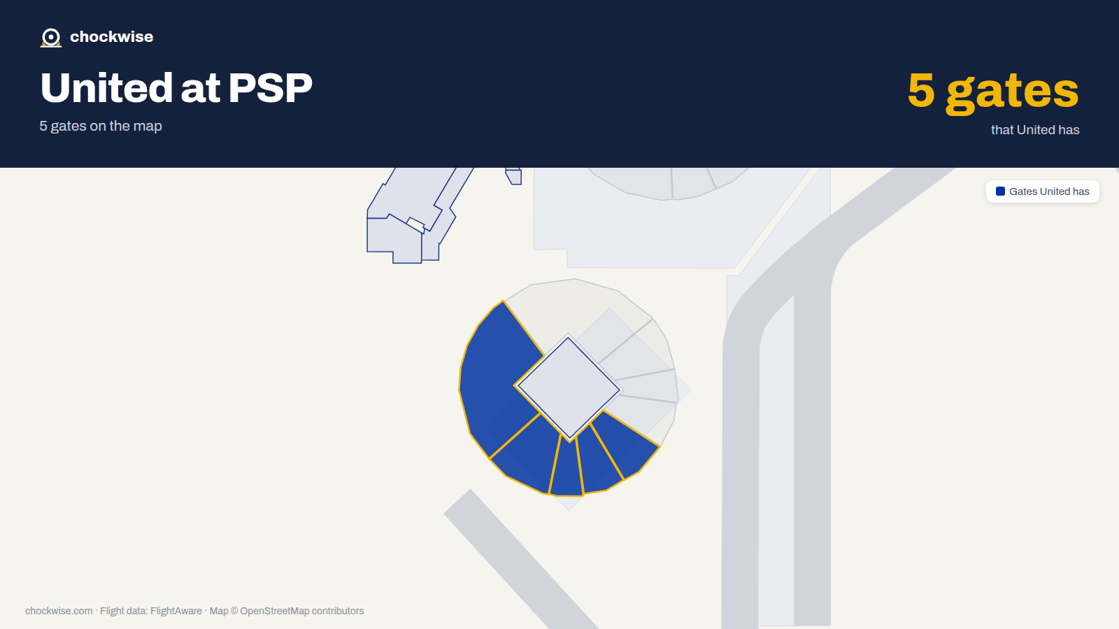 Map of PSP with the gates United Airlines uses highlighted: 17A, 17B, 18, 19 and 20.