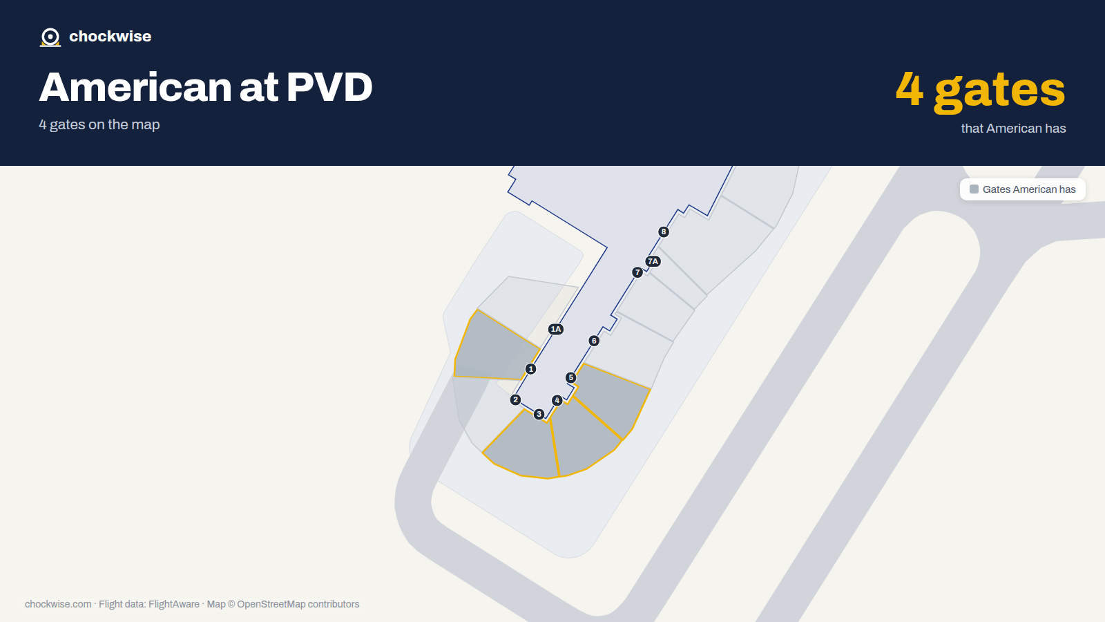 Map of PVD with the gates American Airlines uses highlighted: 1, 3, 4 and 5.