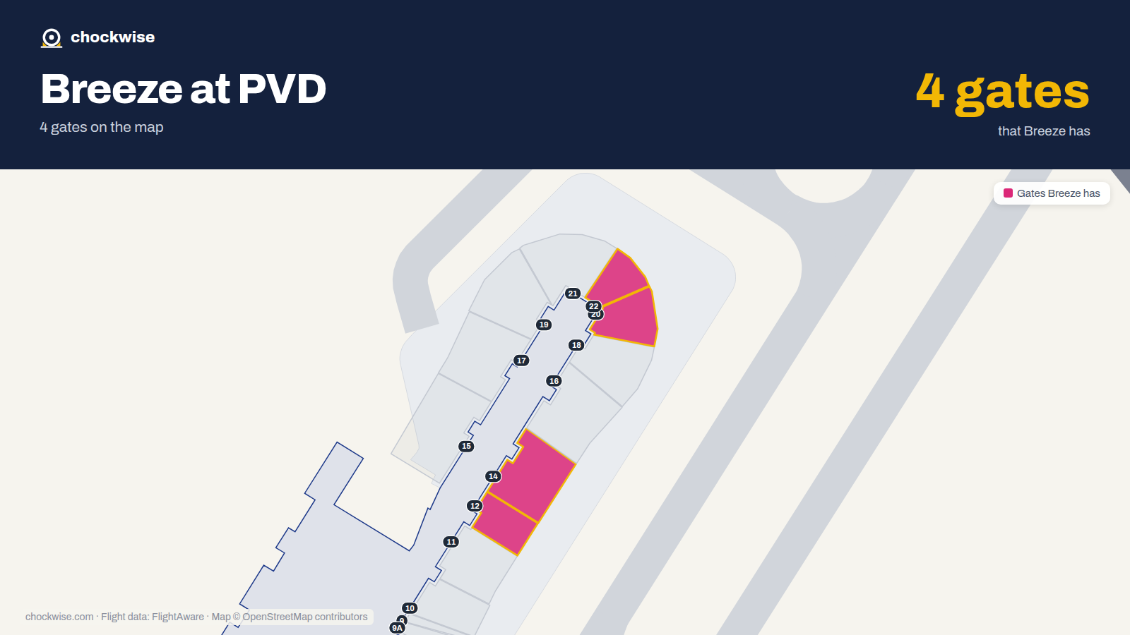 Map of PVD with the gates Breeze Airways uses highlighted: 12, 14, 20 and 22.
